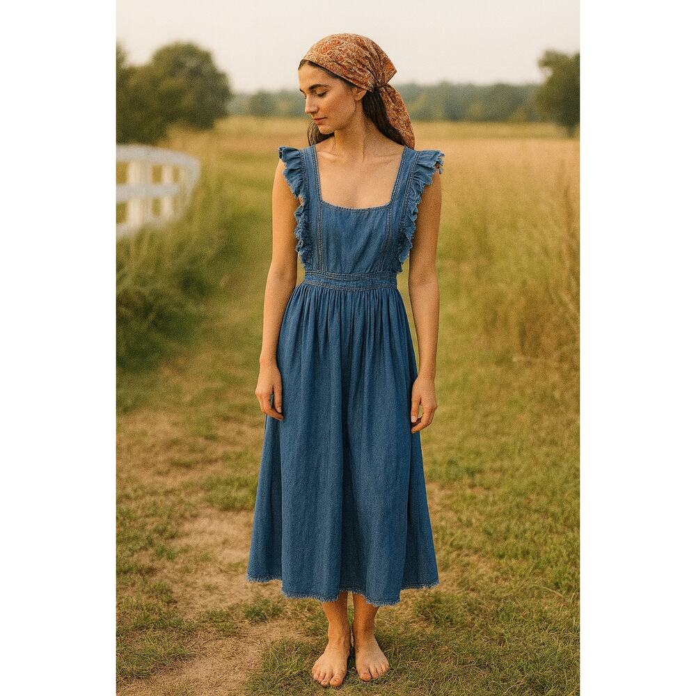 Silence + Noise Denim Jean Apron Midi Dress Fringe Boho Cottagecore XS Cotton